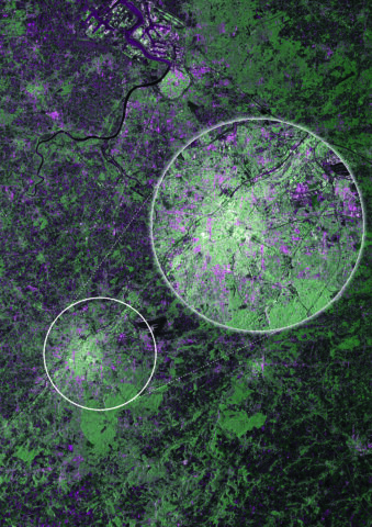 This first image from Sentinel-1A, acquired on 12 April 2014 just 9 days after launch, captures Brussels and its surroundings in Belgium. The image also shows a more detailed view of the city in the inset. Green corresponds to vegetation, red-blue to urban areas, white to high-density urban areas, and black to waterways and low-reflective areas such as airport runways. Credit: ESA
