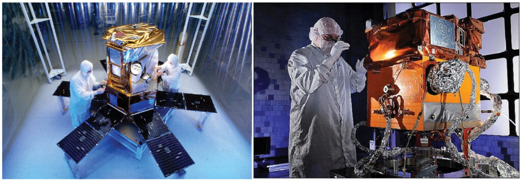 Fig. 1. (left) The Solar Radiation and Climate Experiment (SORCE) spacecraft at the Orbital Sciences Corporation in Dulles, Va., and (right) the Space Test Program Satellite-3 (STPSat-3) at Ball Aerospace & Technologies Corporation in Boulder, Colo. Both are now in orbit, obtaining daily measurements of the solar irradiance. A satellite as small as SORCE or STPSat-3, or even smaller, could be a cost-effective solution for flying the second iteration of the Total and Spectral Solar Irradiance Sensor (TSIS-2) to continue the Sun-climate record. Credit: OSC, BATC