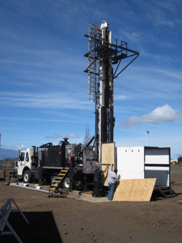 A view of the core drilling rig at the Pohakuloa Training Area in 2013. Photo by Eric Haskins