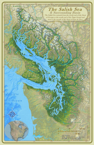 Map of the Salish Sea and surrounding basin. Credit: Stefan Freelan, WWU, 2009