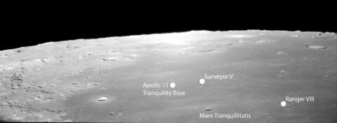 Mare Tranquillitatis (the Sea of Tranquility), showing the crash site of Ranger VIII, the landing site of Surveyor V, and Apollo 11’s Tranquility Base. Credit: NASA AS11-41-6091.