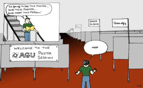 One of the first cartoons Miles Traer produced during the Fall Meeting was his impression of the overwhelming scope of the poster hall. Credit: Miles Traer