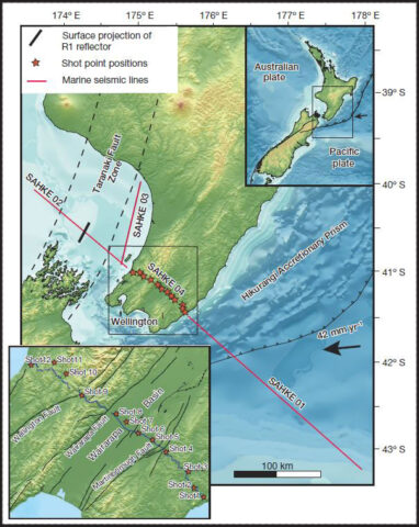 Scientists drilled 12 boreholes (indicated by stars) in a line parallel to the diving direction of the Pacific Plate, then filled the bottom 15 meters of each with an explosive slurry. Over two nights, the researchers detonated the explosives; they later analyzed the waves of energy the explosions created. The line of boreholes is on one arm of the Seismic Array on the Hikurangi Margin Experiment (SAHKE 04). Credit: Nature/Stern, et al. 2014