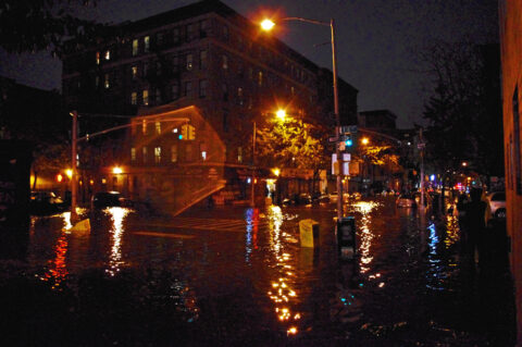 Flooding from Hurricane Sandy in New York’s East Village, moments before a nearby ConEdison power substation blew and the neighborhood lost electricity on 29 October 2012. Credit: David Shankbone, CC BY 2.0