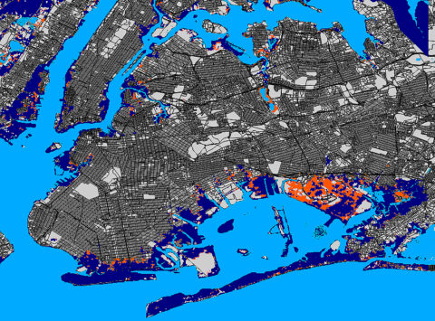 A map, prepared by Kulp et al., of areas in New York City flooded by Hurricane Sandy. Both blue and orange areas were flooded, but the orange areas would not have flooded were it not for the 20-centimeter rise in sea level over the twentieth century. The large orange and blue area at the lower right of the map is John F. Kennedy International Airport. The map was created by the simulation program, and the authors stress that it is provisional and subject to refinement.