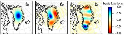 Fig. 1. Three Slepian functions for the dashed region around Greenland, complete to spherical harmonic degree and order 60. Each of the mathematical functions (shown from left to right are the 1st, 5th, and 9th functions from the complete set) is a “template” map pattern for the ice mass loss that we recover from the data. The full set of 20 such functions, with the proper weightings derived from the data, yields the modeled ice mass loss pattern shown in Fig. 2.