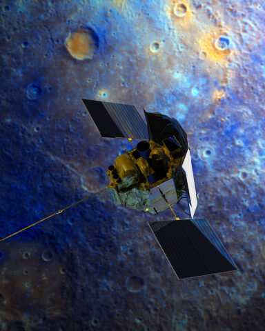An artist’s rendition of NASA’s MESSENGER spacecraft soaring over Mercury. Credit: NASA