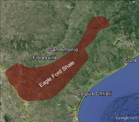 Fig. 1. Outline of the Eagle Ford Shale and selected monitoring locations for volatile organic compounds administered by the Texas Commission on Environmental Quality. Credit: Google Earth, 2014.