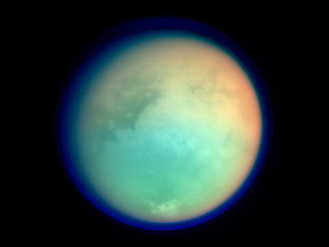 Saturn's moon Titan, photographed in ultraviolet and infrared by the Cassini orbiter Saturn's moon Titan, photographed in ultraviolet and infrared by the Cassini orbiter