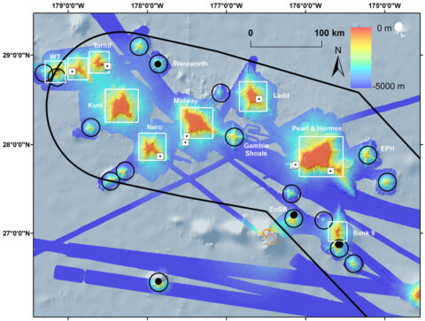 Fig. 2. Locations of features on the newly mapped northern end of PMNM. Black circles are confirmed or inferred Cretaceous seamounts (~82–92 million years old), white rectangles are confirmed or inferred Hawaiian seamounts, black dots are dredged samples dated to Cretaceous ages, and white squares with dots are dredged samples dated to 20–30 million years old.