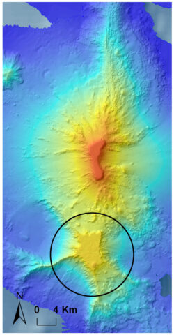 Fig. 3. Bathymetry of Bank 9. The black circle indicates the part that we confirmed is Cretaceous in origin.