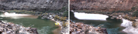 Fig. 3. Photographs showing deposition caused by November 2012 controlled flood. The sandbar is 105 kilometers downstream from Lees Ferry, and the view is looking downstream. These and additional photographs depicting the results of the recent controlled floods can be viewed inan album of the Grand Canyon Monitoring Research Center. Credit: USGS