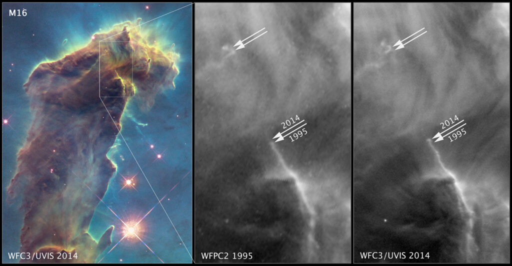 A comparison of features in the newly released Pillars of Creation image with observations from the original image. Credit: NASA, ESA, and the Hubble Heritage Team (STScI/AURA)