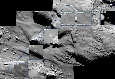 Rosetta’s Optical, Spectroscopic, and Infrared Remote Imaging System (OSIRIS) imaging instrument captures the final descent and subsequent bounces of the Philae lander on 12 November.