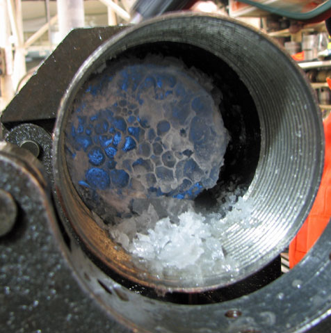 A view of the bottom of second ice core to reach Lake Vostok’s surface. The ice-water interface was 3769.15 meters below the ice surface. Credit: V. Lipenkov