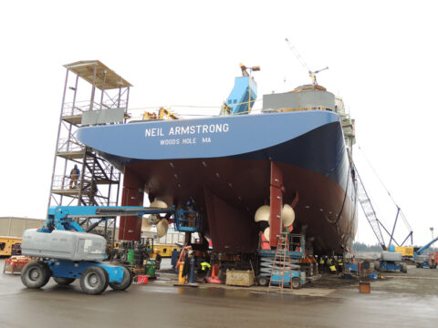 The R/V Neil Armstrong, prior to launching in Anacortes, Wash. The vessel, funded through the Office of Naval Research, will be operated by the Woods Hole Oceanographic Institution (WHOI) for the research community. Science operations will begin in 2016. Credit: Gary McGrath, WHOI