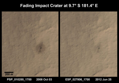 This series of images shows just how quickly impacts fade; the images were taken roughly three and a half years apart. Credit: HiRISE