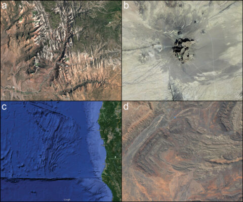 Fig. 1. Geologic features as seen with the satellite view of Google Maps. a) Fracture patterns in Zion National Park (37.2500215, -112.9473522); Imagery © 2015 Google, USDA Farm Service Agency, Map data © 2015 Google. b) Shiprock, NM, volcanic plug with radial dikes (36.6884074, -108.8336981); Imagery and Map data © 2015 Google. c) Oceanic transforms and fractures just northwest of Mendocino, California (42.0232886, -126.9627148); Imagery © 2015 SIO, NOAA, U.S. Navy, NGA, GEBCO, LDEO-Columbia, NSF, Landsat, Map data © 2015 Google. d) Spectacular fold patterns east of Alice Springs, Australia (-23.7204051, 134.2455588); Imagery © 2015 CNES / Astrium, DigitalGlobe, Map data © 2015 Google.