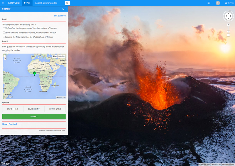 Fig. 2. EarthQuiz question featuring Photo Sphere imagery of a volcano on the Kamchatka peninsula, Russia. The box at the left shows the associated multiple-choice question (Part I), and a world map with a placemark for guessing the real-world location of the image (Part II). Background photo: Air