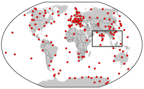Geomagnetic observatories of the world. The black rectangle indicates the northern Indian Ocean region. Credit: TK