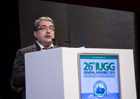 Alik Ismail-Zadeh, secretary general of the International Union of Geodesy and Geophysics, spoke at the organization’s general assembly this summer in Prague, Czech Republic. Credit: IUGG & C-IN