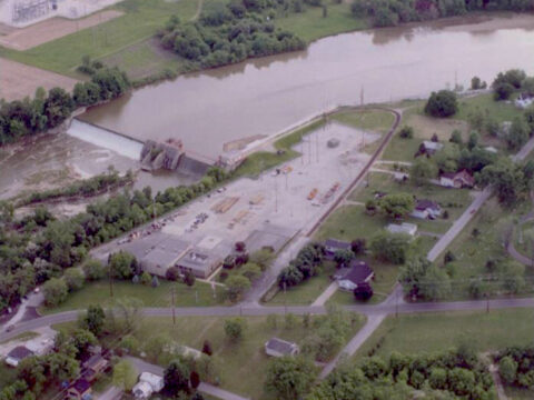 Aerial photo of the Ballville Dam (Sandusky River, Ohio) where a planned dam removal for enhanced fishery habitat has become mired in a legal dispute about possible downstream release of contaminated reservoir sediments. Credit: City of Fremont, Ohio. Used with permission. Photographer: Tim Warren