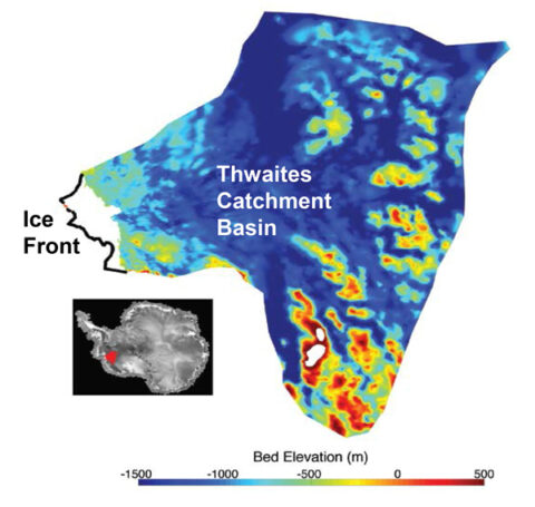 Fig. 1. Subglacial elevations of the bed beneath the Thwaites Glacier, West Antarctica, covering the area shown in red in the inset map in lower left. North is to the left. The thick black line at center left of the main image indicates the present-day ice shelf front. The dark blue colors indicate the presence of a remarkably deep, marine-based ice sheet, reaching from the ocean to far inland. Credit: Modified from Joughin et al. [2014]. Used with permission.