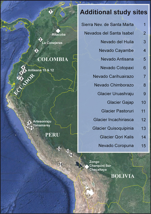 Fig. 1. A 1991 glacier-monitoring initiative in Bolivia has grown into a permanent network in the tropical Andes, with sites in four nations. The main study sites are marked on the map, and additional study sites are numbered and listed in the inset. Credit: Modified from Rabatel et al. [2013], CC BY 3.0