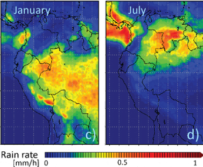 Fig. 2. The amount of hourly precipitation (millimeters per hour) in January and July averaged over the years 1998 to 2010 based on data from the Tropical Rainfall Measurement Mission. Credit: Excerpted from Rabatel et al. [2013] CC BY 3.0 license.
