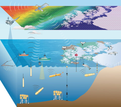 Schematic of a cyberinfrastructure-based vision for the Southern Ocean Observing System (SOOS). Marine assets would include a mixture of autonomous and nonautonomous platforms but rely increasingly on autonomous platforms over time. Credit: Meredith et al. [2013]. Used with permission.