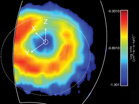 Saturn’s ring current of energetic ions trapped in its magnetic field is shown in this false-color map from the Cassini spacecraft. The colors correspond to the intensities of the energetic neutral atoms emitted from the ring current. These neutral atoms are formed when trapped energetic positive ions take electrons from cold gas atoms, and are then able to escape Saturn’s magnetic field. Credit: NASA/JPL/JHUAPL