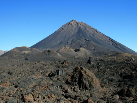 Looking up at Pico du Fogo—the highest peak in the Cape Verde Islands off the coast of West Africa and one of the most active volcanoes in the world. Pico du Fogo is the new volcano that grew after the flank of the original volcano collapsed sometime between 65 and 124 thousand years ago. Credit: Ricardo Ramalho