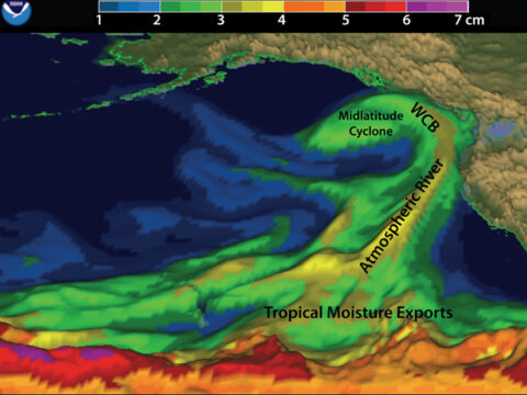 Fig. 1: This depiction of an atmospheric river, interacting with West Coast mountains and a midlatitude cyclone over the northeast Pacific on 5 February 2015, provides an example of approximate locations of associated tropical moisture exports and a warm conveyor belt (WCB). Credit: Adapted from NOAA/ESRL Physical Sciences Division