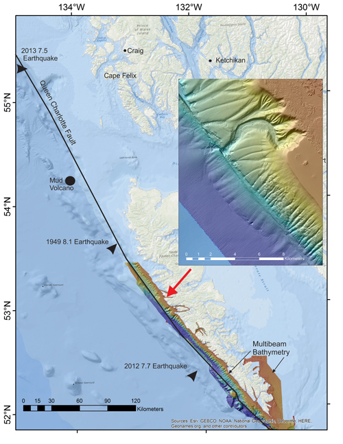 A map of the Queen Charlotte–Fairweather fault zone shows major earthquakes and the location of the newfound mud volcano. The inset, from an earlier expedition, shows the varied seafloor topography. Credit: Barrie et al., 2013, 10.1007/s00367-013-0333-3