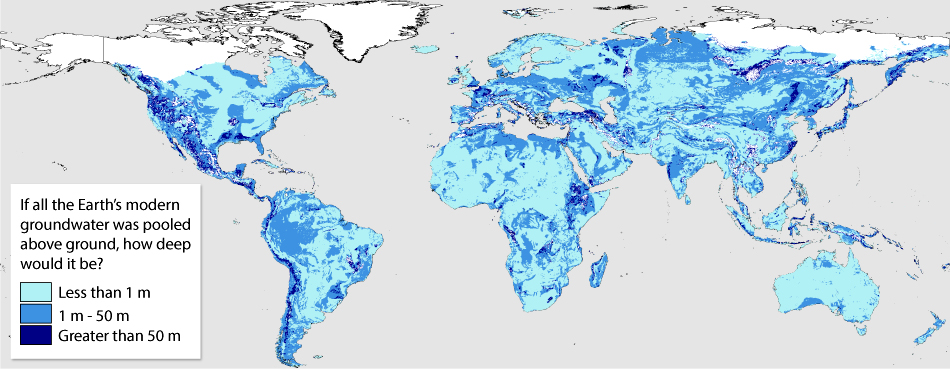 Researchers calculated relative volumes across the globe of so-called modern groundwater, which accumulated in underground reservoirs in the past half century. The above map showing the calculated volumes indicates how deep the groundwater would be if it were pooled directly above the ground under which it resides. The scientists lacked data from areas, shown in white, where permafrost is widespread. Credit: Gleeson et al., 2015, doi:10.1038/NGEO2590