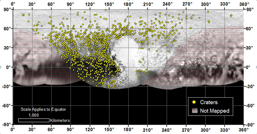 Locations of more than 1000 craters mapped on Pluto by NASA’s New Horizons mission indicate a wide range of surface ages, which likely means that Pluto has been geologically active throughout its history. Credit: NASA/Johns Hopkins University Applied Physics Laboratory/Southwest Research Institute