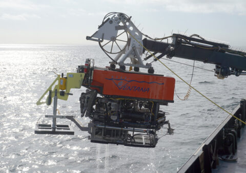 Researchers use the remotely operated vehicle Ventana to deliver monitoring equipment to the depths of Monterey Canyon. Credit: Krystle Anderson © 2015 MBARI