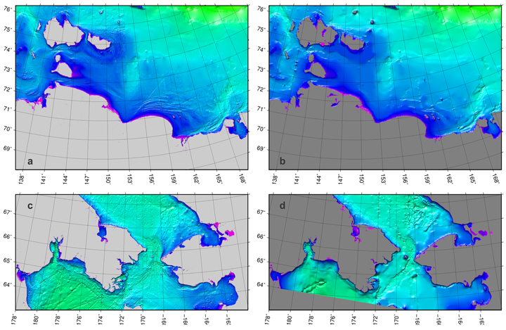 Fig. 2. Comparison of (left) the new ARDEM grid with (right) the IBCAO grid (a and b) along the Siberian coast and (c and d) near Bering Strait.