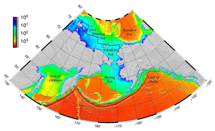 Fig. 1. The ARDEM grid, with ocean depths plotted on a logarithmic color scale. The International Bathymetric Chart of the Arctic Ocean (IBCAO) grid provides elevations located to the north of the black line that crosses the East Siberian and Chukchi Seas.