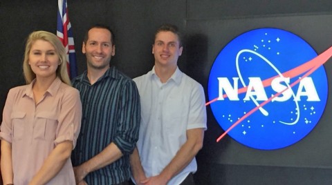Scientists working in the NASA DEVELOP Applied Sciences Program at the Jet Propulsion Laboratory. From left: Brittany Zajic, Nick Rousseau, Daniel Jensen. Credit: Nick Rousseau, NASA JPL. 