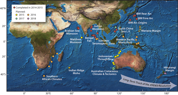 Fig. 1. Completed and planned JOIDES Resolution expeditions in the International Ocean Discovery Program, an international scientific drilling program that explores Earth’s history and dynamics.