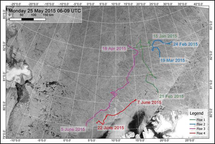 Drift tracks of research vessel Lance in winter and spring 2015 in the region north of Svalbard. Ice camps were set up three times on ice floes near 83°N, then evacuated and reestablished when ice broke up near the ice edge. The N-ICE2015 field campaign ended in late June 2015 with a shorter 2-week drift along the ice edge. Credit: RADARSAT-2 images provided by NSC/KSAT under the Norwegian-Canadian RADARSAT agreement. RADARSAT-2 Data and Products © MacDonald, Dettwiler and Associates Ltd (2013). All Rights Reserved. RADARSAT is an official mark of the Canadian Space Agency. Map created by the Norwegian Polar Institute / Max König
