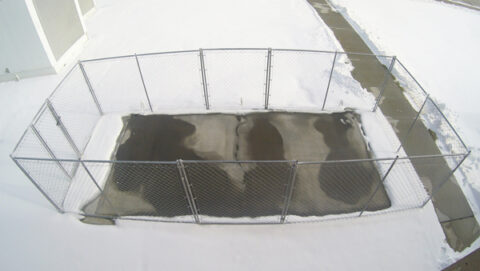 Heated by electricity, this slab of concrete melted the snow that covered it during a storm in Omaha, Nebraska last December. Although the concrete looks ordinary, it contains steel rods, steel shavings, and carbon particles, which make it electrically conductive. If used as paving material, the concrete might offer an alternative to chemical deicers for airport tarmacs. Credit: Chris Tuan and Lim Nguyen