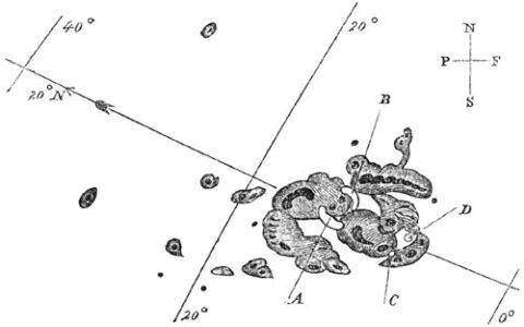 Sunspots from the most powerful geomagnetic storm on record, drawn in 1859. A and B mark initial positions of bright regions which over 5 minutes moved to C and D then disappeared. Credit: Richard Carrington