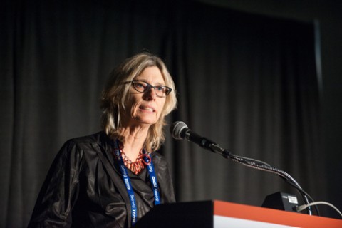 Christine Williams speaking at the “Forward Focused Ethics – What is the Role of Scientific Societies in Responding to Harassment and Other Workplace Climate Issues?” town hall at AGU’s 2015 Fall Meeting. Williams is professor of sociology at the University of Texas at Austin and an expert on gender, race, class inequality, and harassment in the workplace. Credit: Gary Wagner