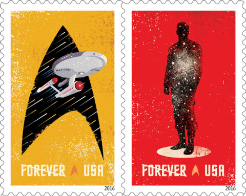 Celebrating the 50th anniversary of the television premiere of Star Trek, the new Star Trek Forever stamps showcase four digital illustrations inspired by classic elements of the television program: the Starship Enterprise inside the outline of a Starfleet insignia, the silhouette of a crew person in a transporter, the silhouette of the Enterprise from above, and the Enterprise inside the outline of the Vulcan salute (Spock’s iconic hand gesture). Credit: ©2016 USPS