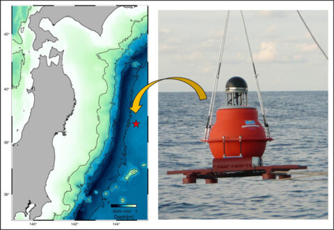 The location of the observed site (left) and an acoustic device deployed there for GPS/Acoustic survey (right). Credit: Fumiaki Tomita