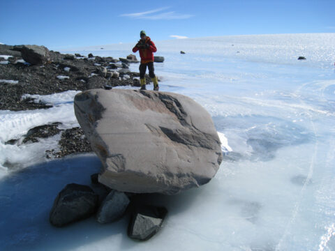 A boulder sits atop a blue ice moraine in the West Antarctic. By analyzing rocks like this one, researchers could determine the age and stability of the ice sheet. Credit: David Sugden