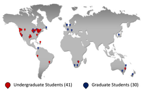 Fig. 1. Undergraduate and graduate students in the United States and 12 other nations presented research in 2015 Virtual Poster Showcases. Credit: Kelsey Watson, Fall 2015 Education and Public Outreach intern, and Tess Reardon, Spring 2016 Education and Public Outreach intern