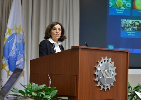 NSF Director France Córdova discussed the proposed budget for the agency at a 9 February briefing at NSF headquarters in Ballston, Va. Credit: NSF/Sandy Schaeffer